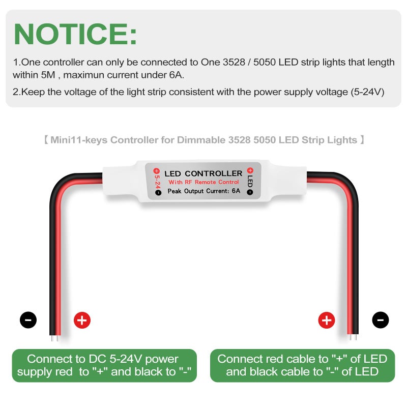 RGBZONE 2 Pack RF Wireless Remote Controller, DC5V-DC24V Single Color 5050 3528 5630 LED Strip Lights, Dimmer Controller Brightness & Effect Mode, RF Wireless Remote Control - Image 3